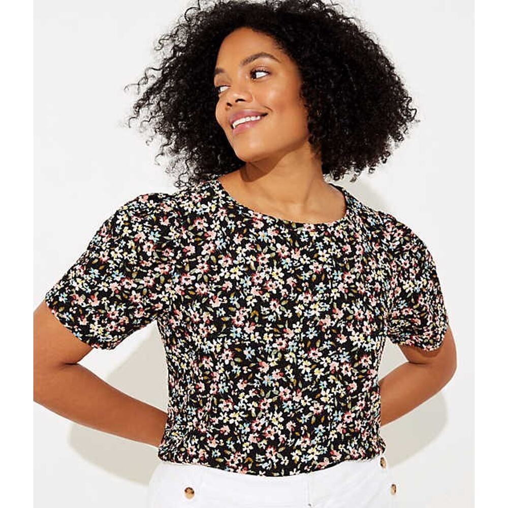 Ann Taylor LOFT Top 16 18 Black Floral Puff Sleeve Tee